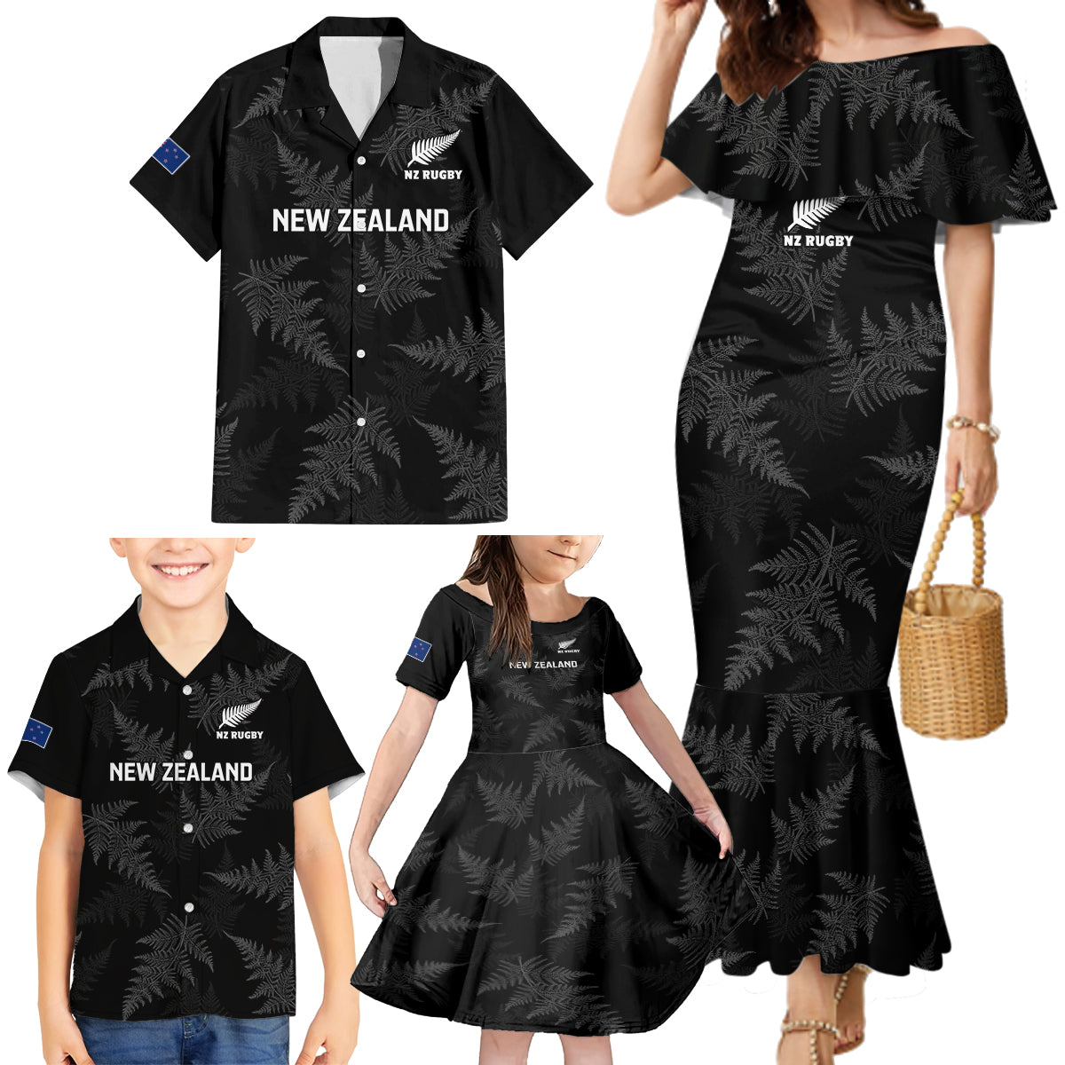 Custom New Zealand Silver Fern Rugby Family Matching Mermaid Dress and Hawaiian Shirt 2023 Go Aotearoa Champions World Cup LT14 - Polynesian Pride