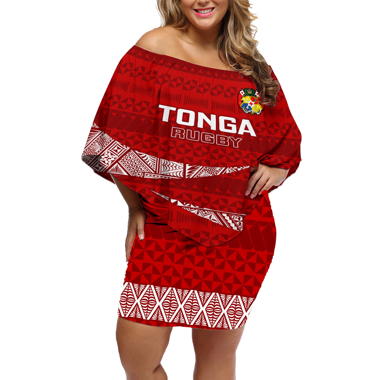 Tonga Rugby Off Shoulder Short Dress 2023 Ikale Tahi Tongan Ngatu Pattern LT14 Women Red - Polynesian Pride