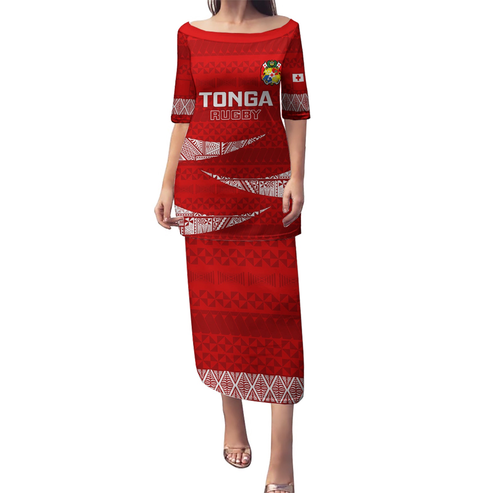 Tonga Rugby Puletasi 2023 Ikale Tahi Tongan Ngatu Pattern LT14 Long Dress Red - Polynesian Pride