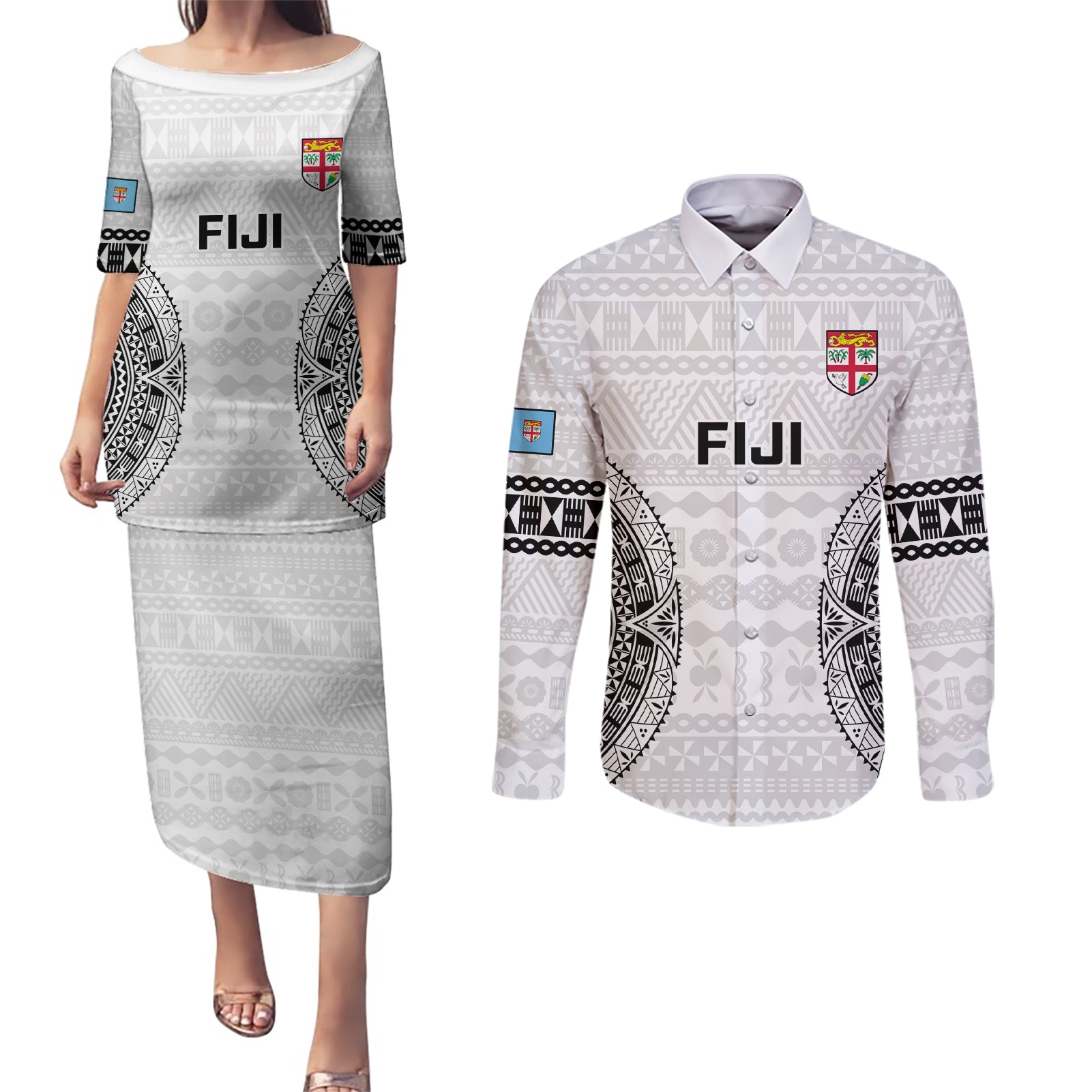 Custom Fiji Rugby Couples Matching Puletasi Dress and Long Sleeve Button Shirts 2023 Go Champions World Cup Fijian Tapa Pattern LT14 White - Polynesian Pride