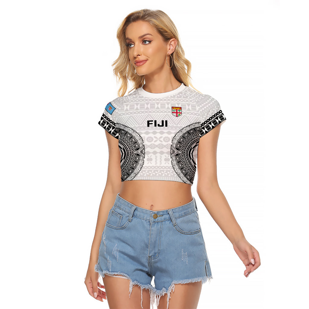 Custom Fiji Rugby Raglan Cropped T Shirt 2023 Go Champions World Cup Fijian Tapa Pattern LT14 Female White - Polynesian Pride