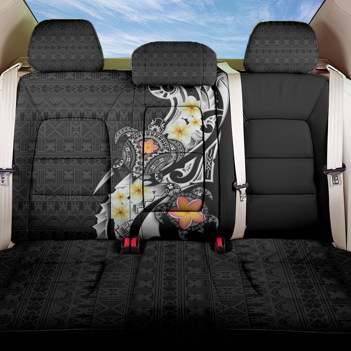 Bula Fiji Tapa Turtle Back Car Seat Cover Plumeria Fijian Masi Vonu Black LT14 One Size Black - Polynesian Pride