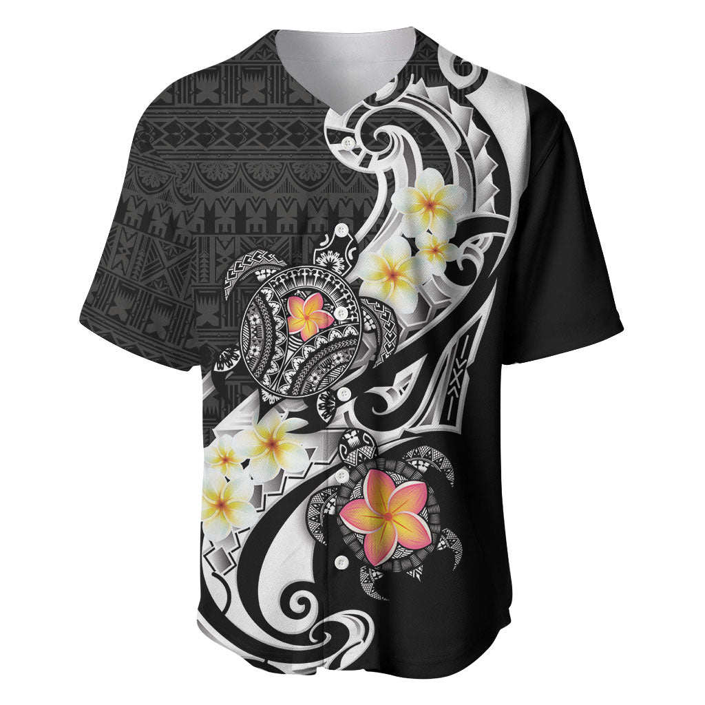 Bula Fiji Tapa Turtle Baseball Jersey Plumeria Fijian Masi Vonu Black LT14 Black - Polynesian Pride