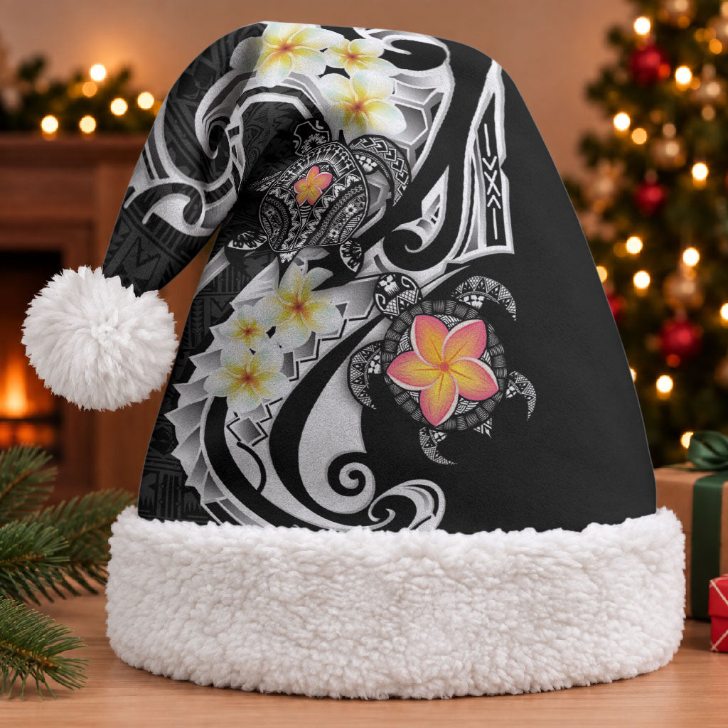 Bula Fiji Tapa Turtle Christmas Santa Hat Plumeria Fijian Masi Vonu Black LT14 With Fur Black - Polynesian Pride
