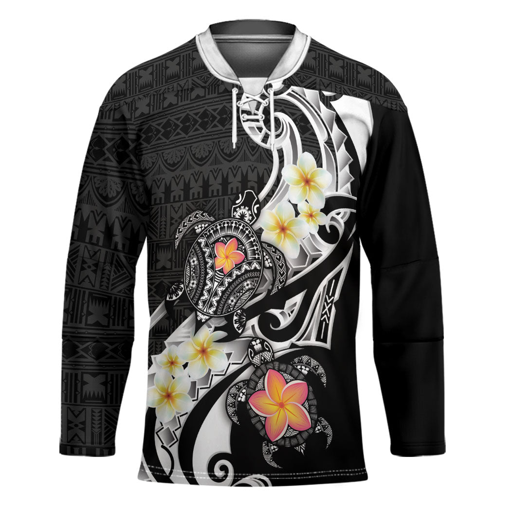 Bula Fiji Tapa Turtle Hockey Jersey Plumeria Fijian Masi Vonu Black LT14 Unisex Black - Polynesian Pride