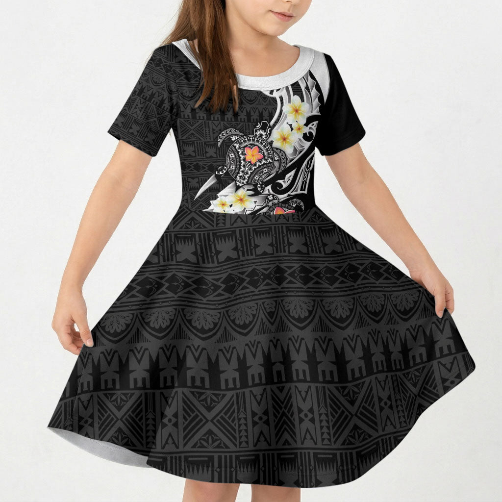 Bula Fiji Tapa Turtle Kid Short Sleeve Dress Plumeria Fijian Masi Vonu Black LT14 KID Black - Polynesian Pride
