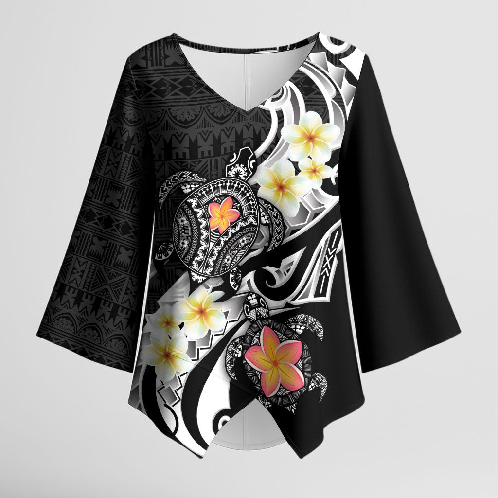 Bula Fiji Tapa Turtle Kimono Sleeve Blouse Plumeria Fijian Masi Vonu Black LT14 Female Black - Polynesian Pride