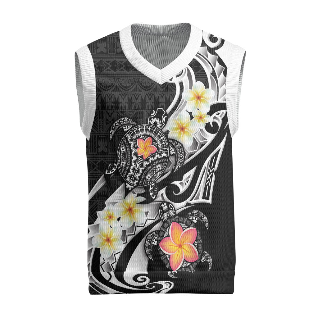 Bula Fiji Tapa Turtle Christmas Knitted V-Neck Vest Plumeria Fijian Masi Vonu Black LT14 Black - Polynesian Pride