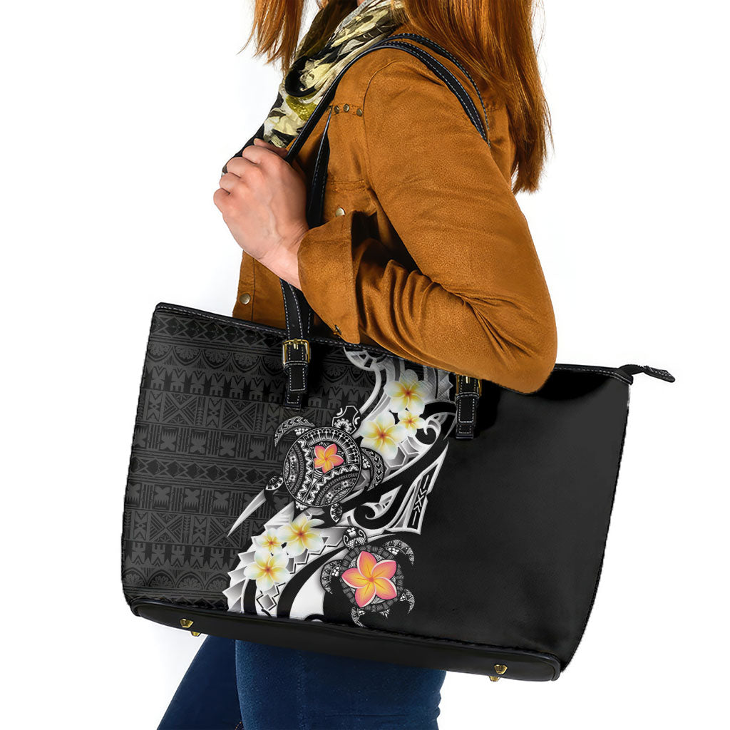 Bula Fiji Tapa Turtle Leather Tote Bag Plumeria Fijian Masi Vonu Black LT14 Black - Polynesian Pride