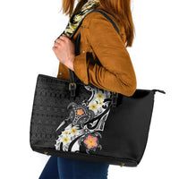 Bula Fiji Tapa Turtle Leather Tote Bag Plumeria Fijian Masi Vonu Black LT14 Black - Polynesian Pride