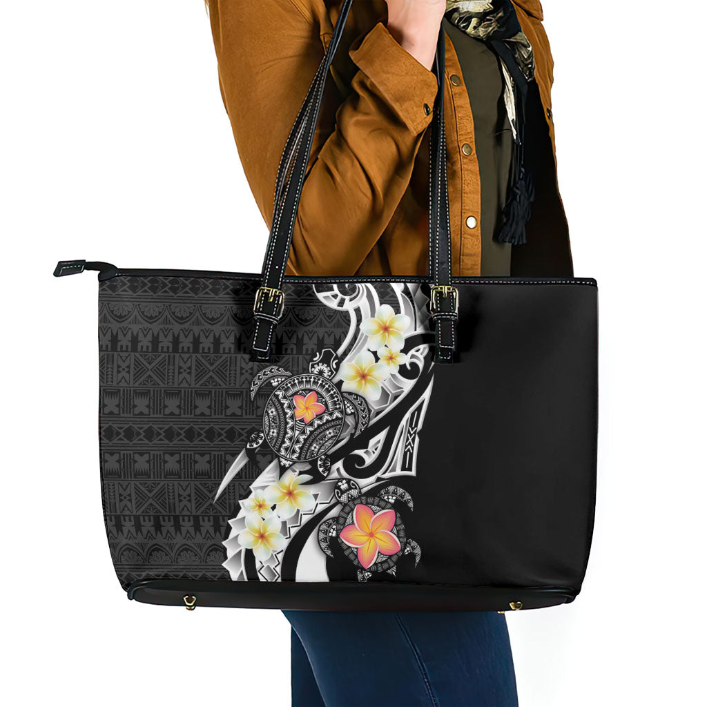 Bula Fiji Tapa Turtle Leather Tote Bag Plumeria Fijian Masi Vonu Black LT14 - Polynesian Pride