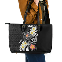 Bula Fiji Tapa Turtle Leather Tote Bag Plumeria Fijian Masi Vonu Black LT14 - Polynesian Pride