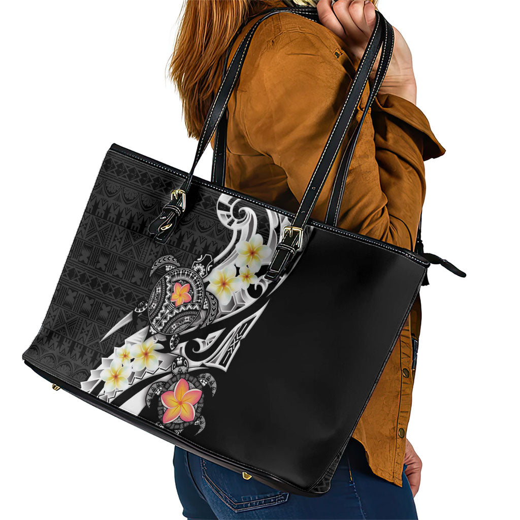 Bula Fiji Tapa Turtle Leather Tote Bag Plumeria Fijian Masi Vonu Black LT14 - Polynesian Pride