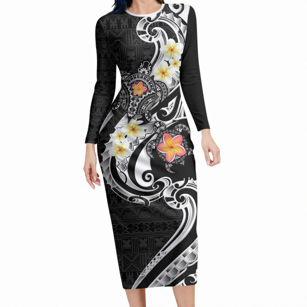 Bula Fiji Tapa Turtle Long Sleeve Bodycon Dress Plumeria Fijian Masi Vonu Black LT14 Long Dress Black - Polynesian Pride
