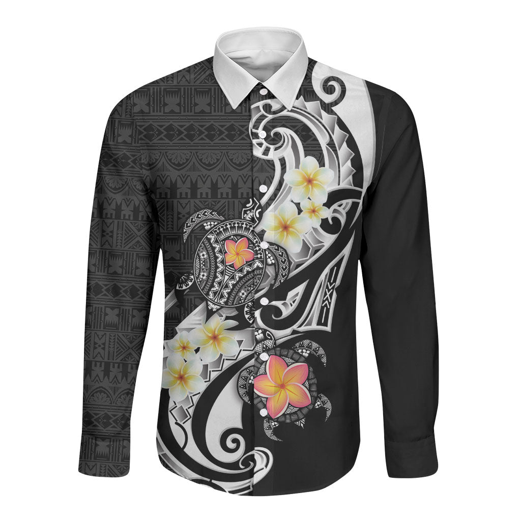 Bula Fiji Tapa Turtle Long Sleeve Button Shirt Plumeria Fijian Masi Vonu Black LT14 Unisex Black - Polynesian Pride