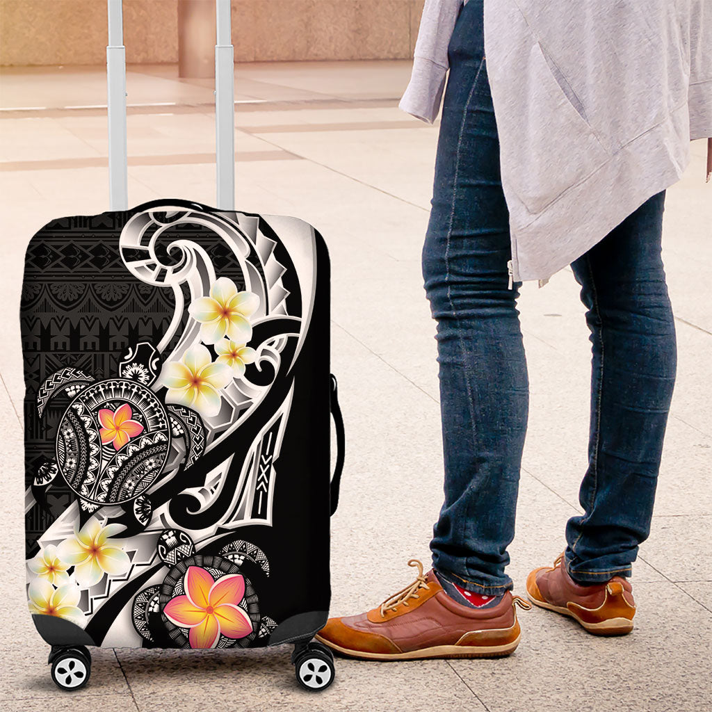 Bula Fiji Tapa Turtle Luggage Cover Plumeria Fijian Masi Vonu Black LT14 Black - Polynesian Pride