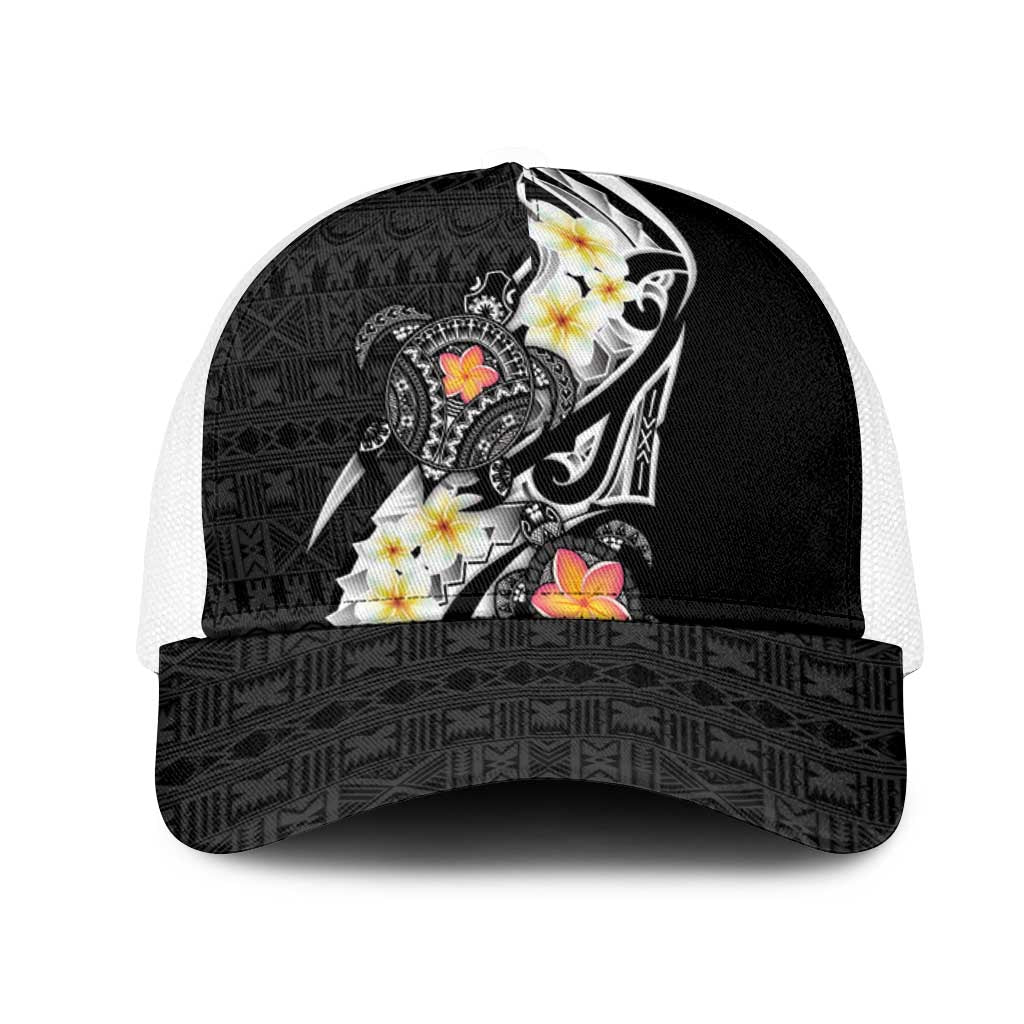 Bula Fiji Tapa Turtle Mesh Trucker Cap Plumeria Fijian Masi Vonu Black LT14 One Size White Black - Polynesian Pride
