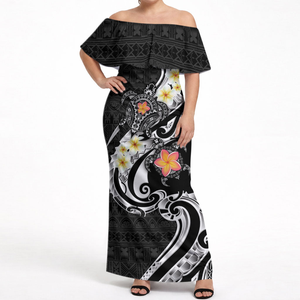Bula Fiji Tapa Turtle Off Shoulder Maxi Dress Plumeria Fijian Masi Vonu Black LT14 Women Black - Polynesian Pride