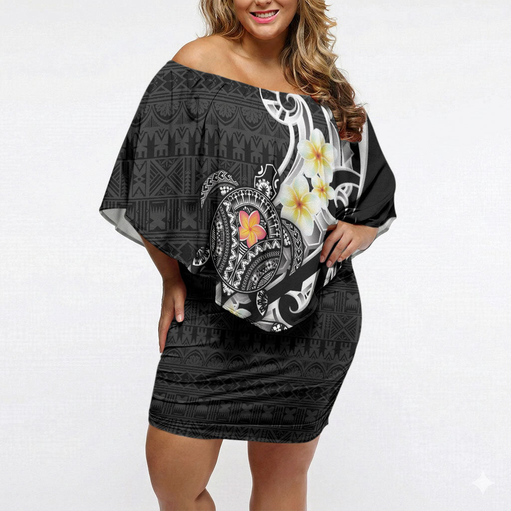 Bula Fiji Tapa Turtle Off Shoulder Short Dress Plumeria Fijian Masi Vonu Black LT14 Women Black - Polynesian Pride