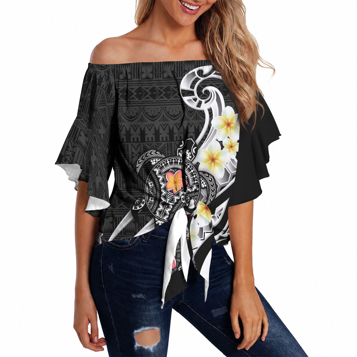 Bula Fiji Tapa Turtle Off Shoulder Wrap Waist Top Plumeria Fijian Masi Vonu Black LT14 Black - Polynesian Pride