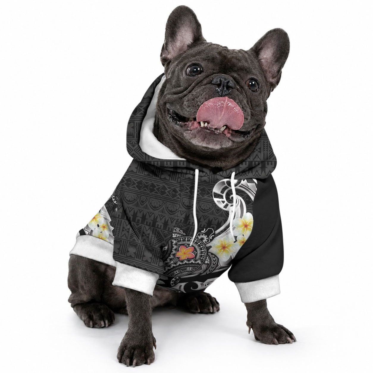 Bula Fiji Tapa Turtle Pet Hoodie Plumeria Fijian Masi Vonu Black LT14 - Polynesian Pride