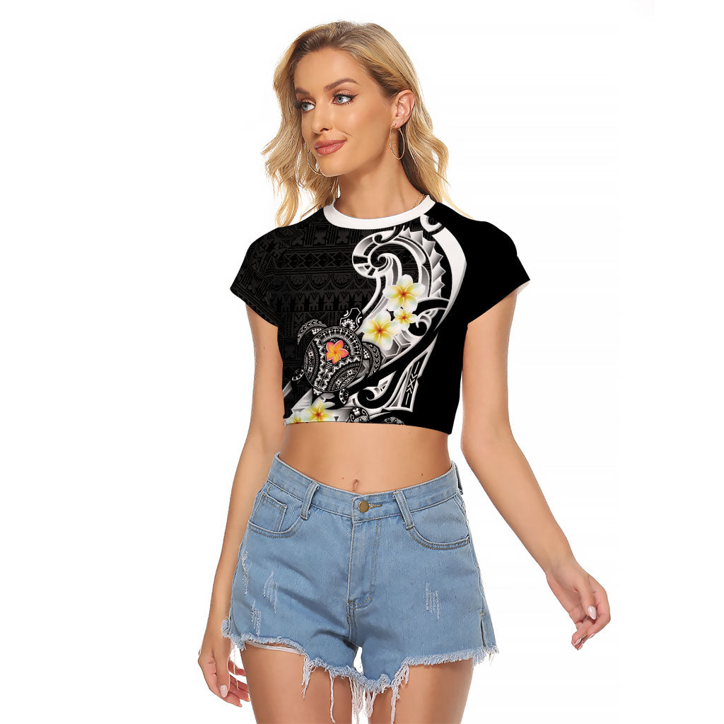 Bula Fiji Tapa Turtle Raglan Cropped T Shirt Plumeria Fijian Masi Vonu Black LT14 Female Black - Polynesian Pride