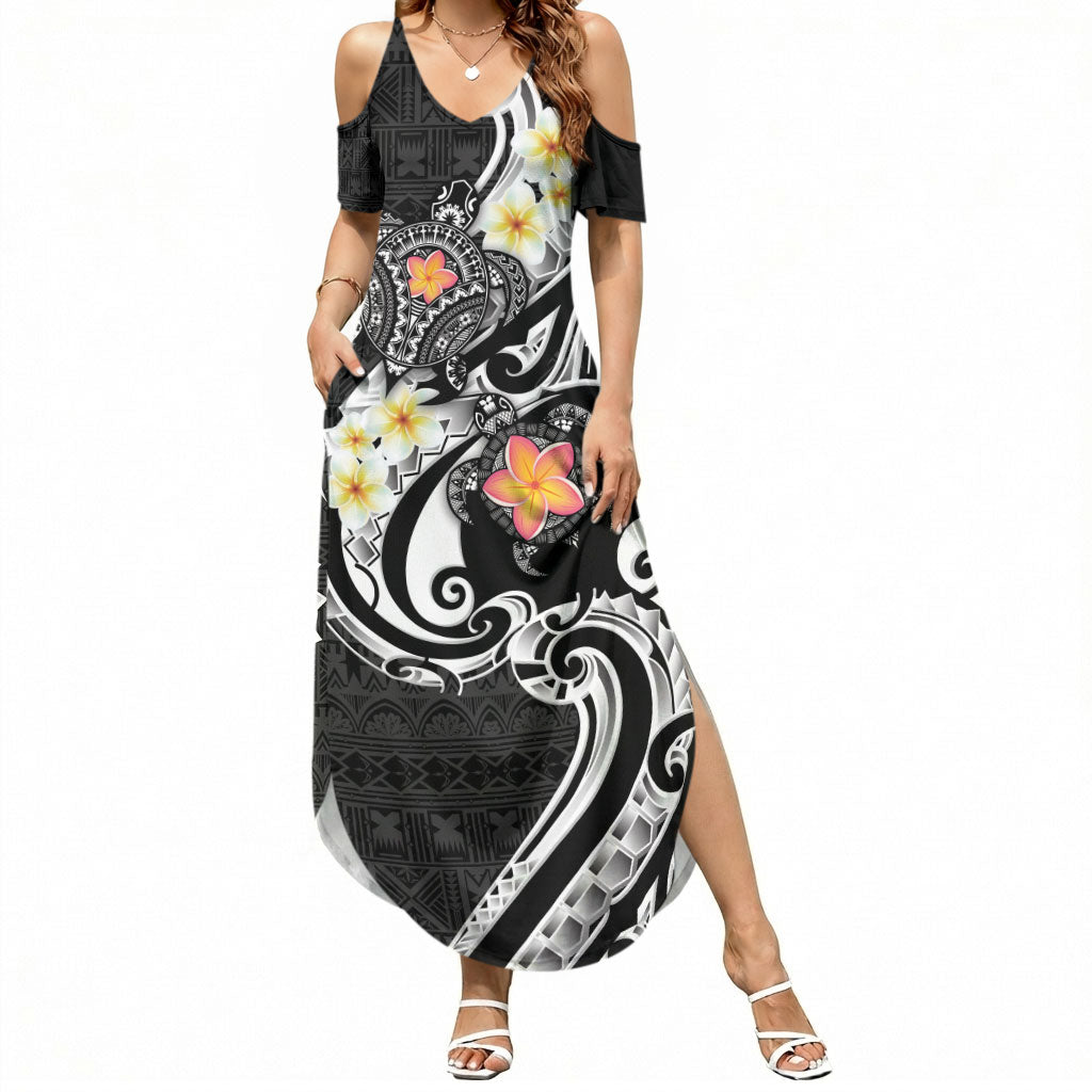 Bula Fiji Tapa Turtle Summer Maxi Dress Plumeria Fijian Masi Vonu Black LT14 Women Black - Polynesian Pride