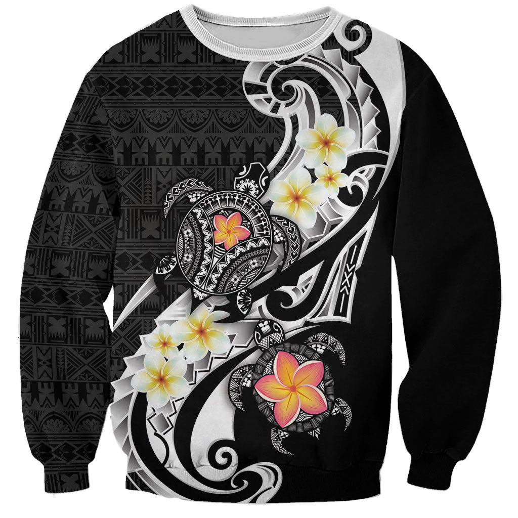 Bula Fiji Tapa Turtle Sweatshirt Plumeria Fijian Masi Vonu Black LT14 Unisex Black - Polynesian Pride