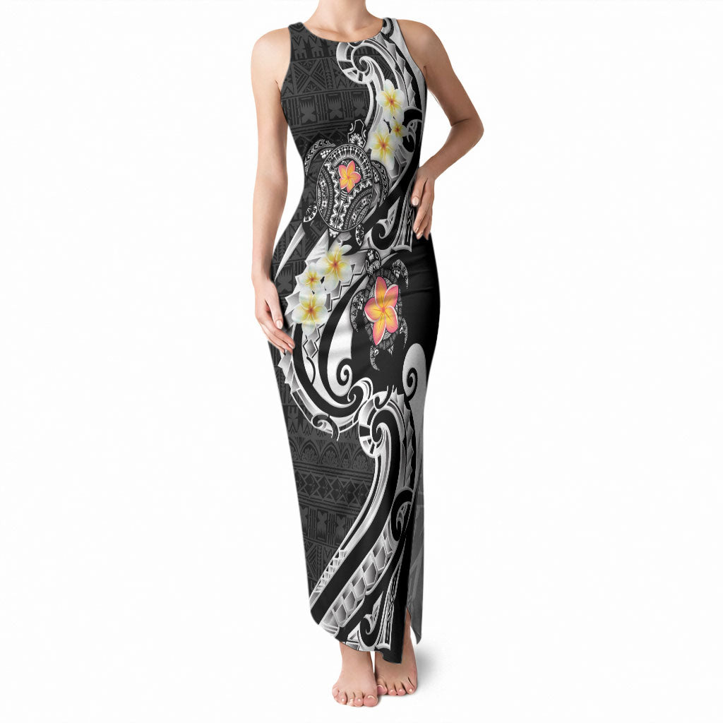 Bula Fiji Tapa Turtle Tank Maxi Dress Plumeria Fijian Masi Vonu Black LT14 Women Black - Polynesian Pride