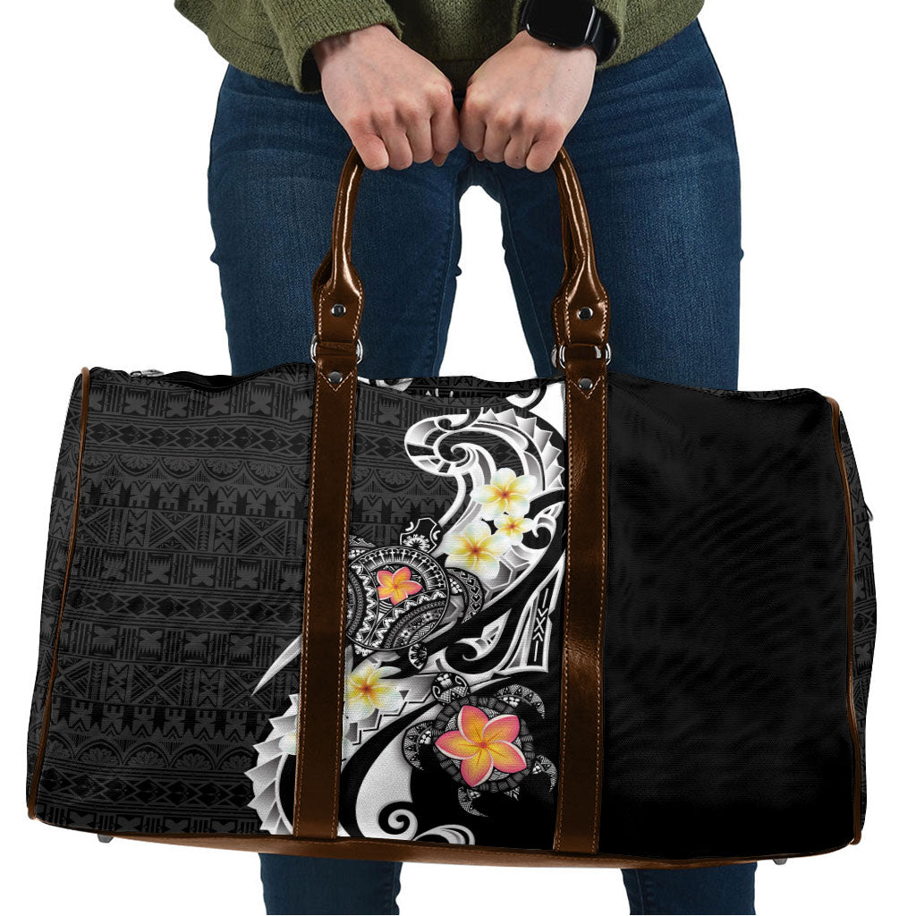 Bula Fiji Tapa Turtle Travel Bag Plumeria Fijian Masi Vonu Black LT14 Black - Polynesian Pride