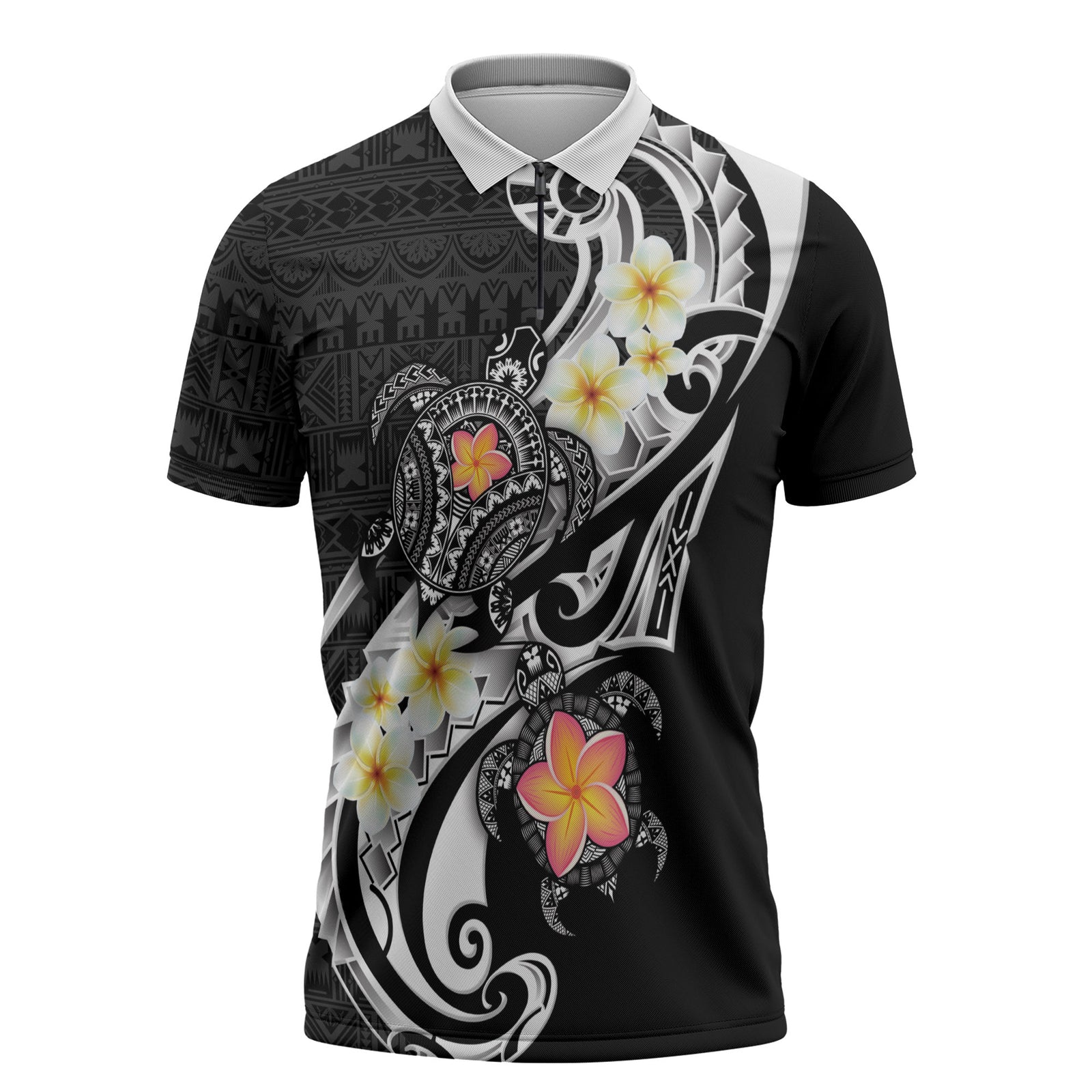 Bula Fiji Tapa Turtle Zipper Polo Shirt Plumeria Fijian Masi Vonu Black LT14 Black - Polynesian Pride