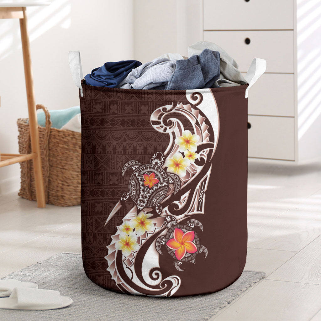 Bula Fiji Tapa Turtle Laundry Basket Plumeria Fijian Masi Vonu Brown LT14 Brown - Polynesian Pride