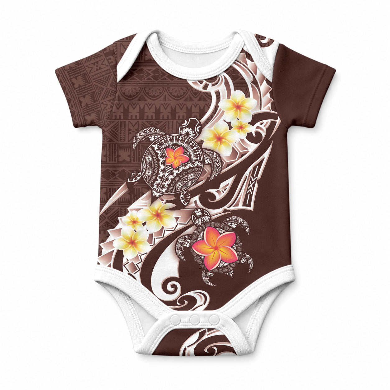 Bula Fiji Tapa Turtle Baby Onesie Plumeria Fijian Masi Vonu Brown LT14 Brown - Polynesian Pride
