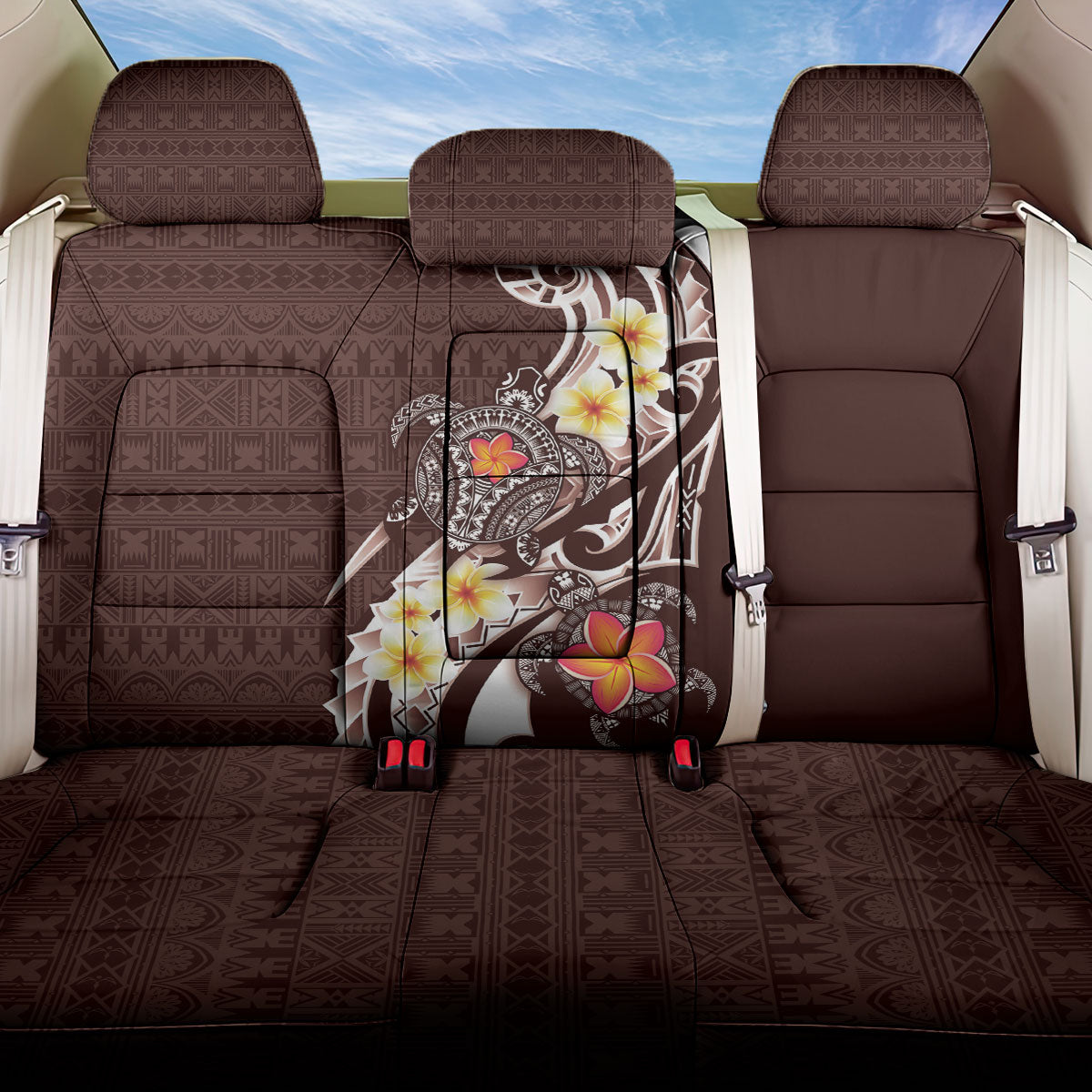 Bula Fiji Tapa Turtle Back Car Seat Cover Plumeria Fijian Masi Vonu Brown LT14 One Size Brown - Polynesian Pride