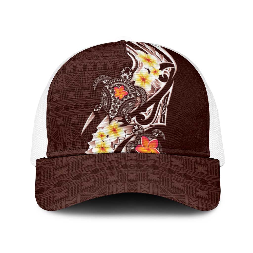 Bula Fiji Tapa Turtle Baseball Net Cap Plumeria Fijian Masi Vonu Brown LT14 One Size White Brown - Polynesian Pride