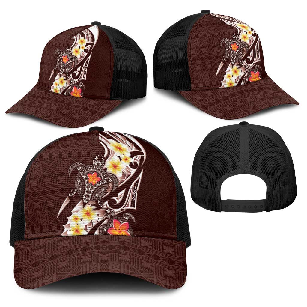 Bula Fiji Tapa Turtle Baseball Net Cap Plumeria Fijian Masi Vonu Brown LT14 - Polynesian Pride