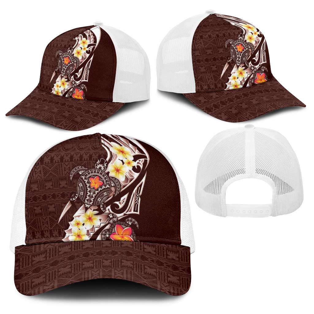 Bula Fiji Tapa Turtle Baseball Net Cap Plumeria Fijian Masi Vonu Brown LT14 - Polynesian Pride