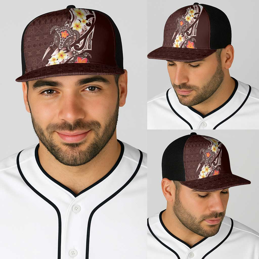 Bula Fiji Tapa Turtle Baseball Net Cap Plumeria Fijian Masi Vonu Brown LT14 - Polynesian Pride