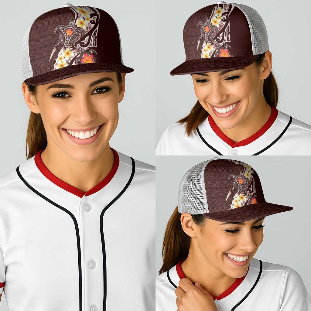 Bula Fiji Tapa Turtle Baseball Net Cap Plumeria Fijian Masi Vonu Brown LT14 - Polynesian Pride