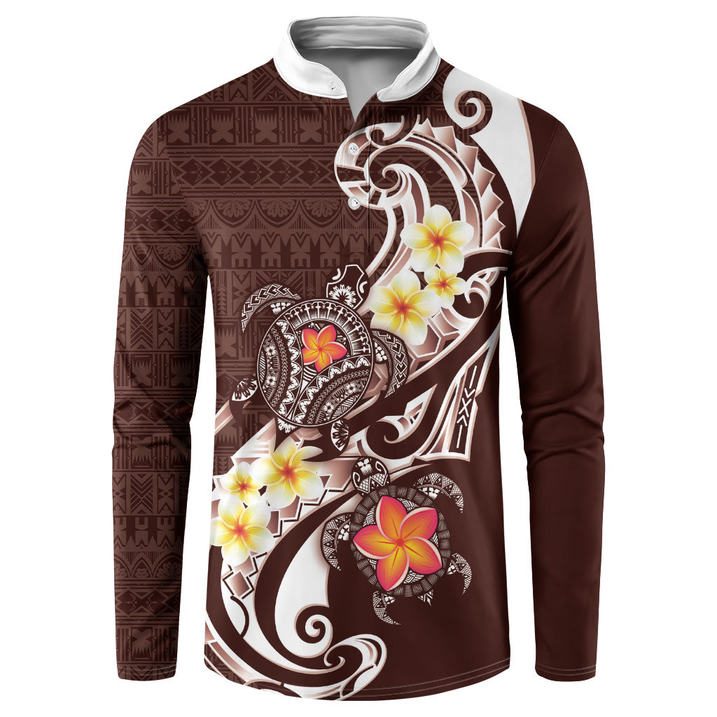 Bula Fiji Tapa Turtle Button Sweatshirt Plumeria Fijian Masi Vonu Brown LT14 Brown - Polynesian Pride
