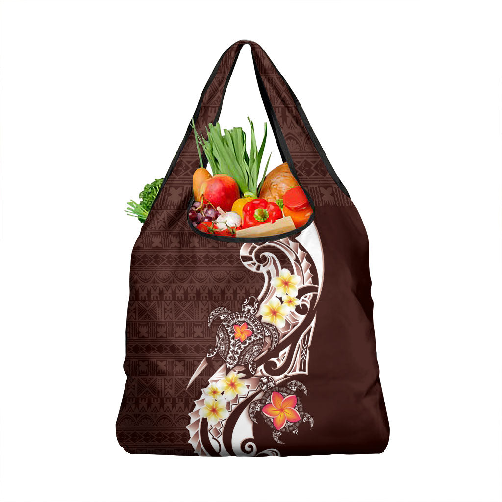 Bula Fiji Tapa Turtle Grocery Bag Plumeria Fijian Masi Vonu Brown LT14 1-pack One Size Brown - Polynesian Pride