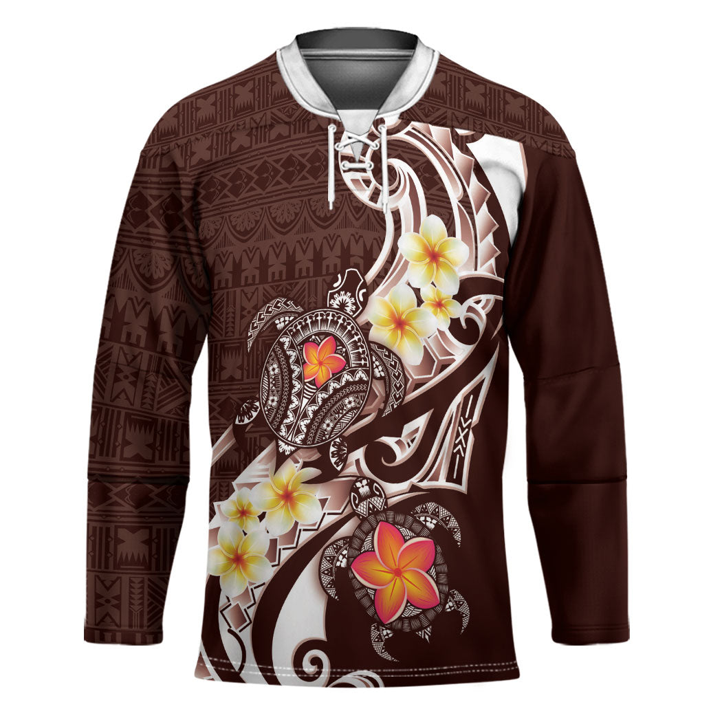 Bula Fiji Tapa Turtle Hockey Jersey Plumeria Fijian Masi Vonu Brown LT14 Unisex Brown - Polynesian Pride