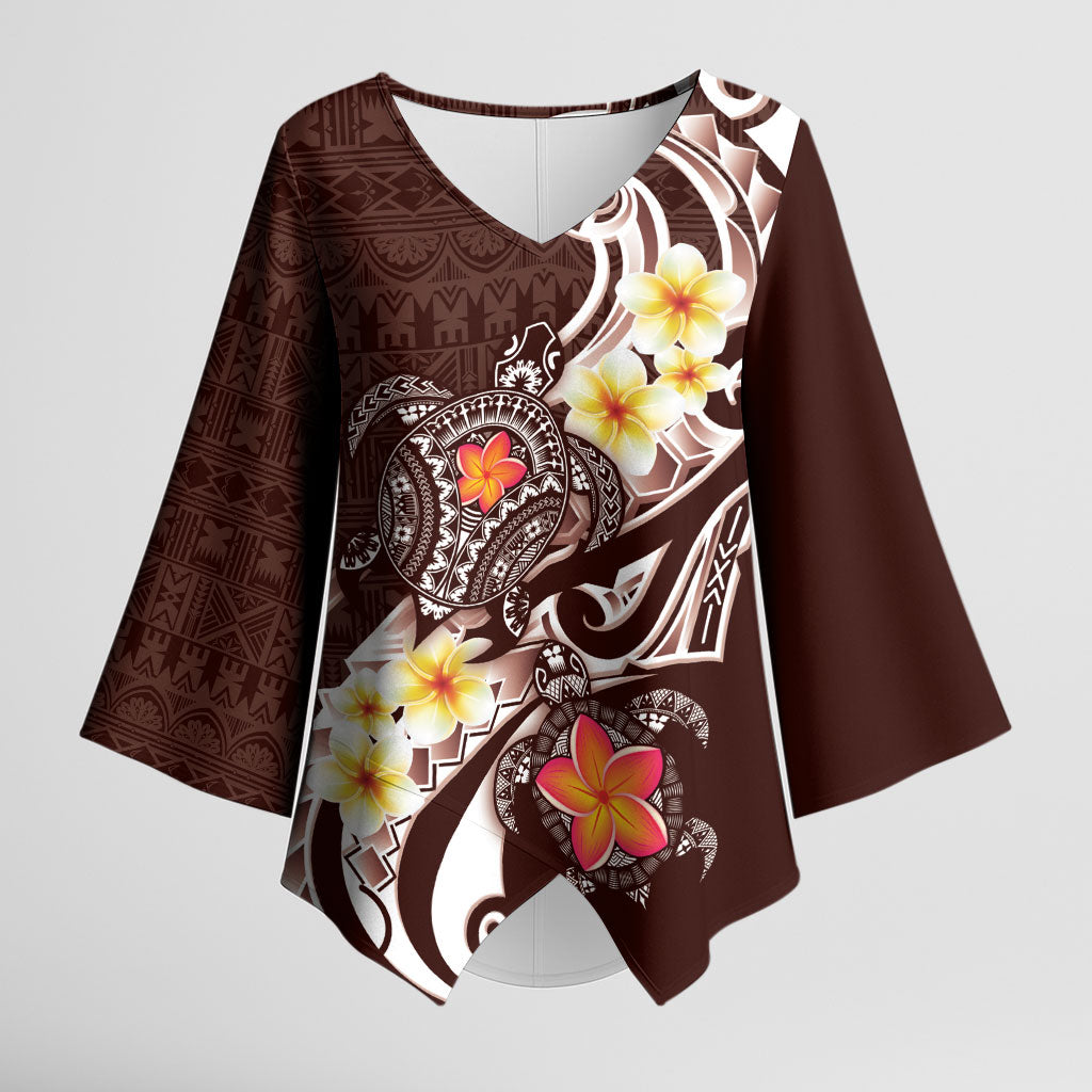 Bula Fiji Tapa Turtle Kimono Sleeve Blouse Plumeria Fijian Masi Vonu Brown LT14 Female Brown - Polynesian Pride