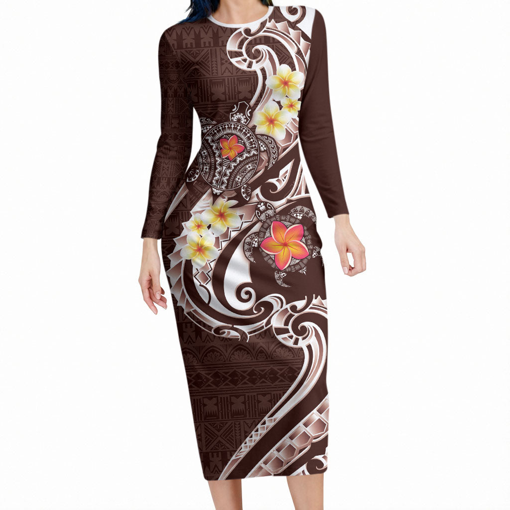 Bula Fiji Tapa Turtle Long Sleeve Bodycon Dress Plumeria Fijian Masi Vonu Brown LT14 Long Dress Brown - Polynesian Pride