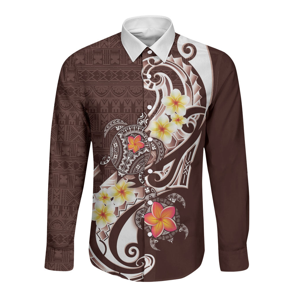 Bula Fiji Tapa Turtle Long Sleeve Button Shirt Plumeria Fijian Masi Vonu Brown LT14 Unisex Brown - Polynesian Pride