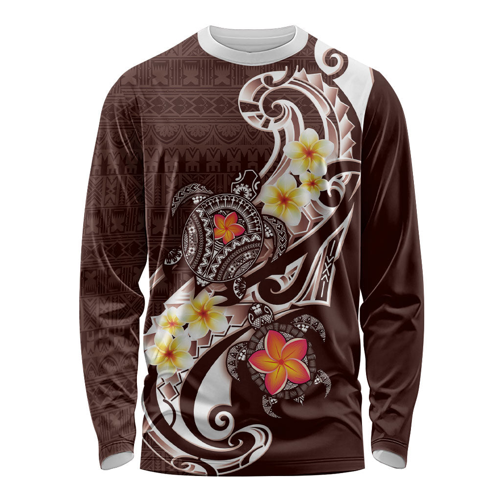 Bula Fiji Tapa Turtle Long Sleeve Shirt Plumeria Fijian Masi Vonu Brown LT14 Unisex Brown - Polynesian Pride