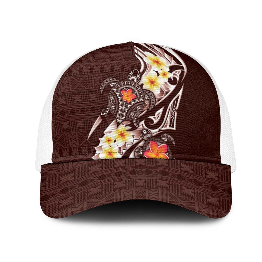 Bula Fiji Tapa Turtle Mesh Trucker Cap Plumeria Fijian Masi Vonu Brown LT14 One Size White Brown - Polynesian Pride