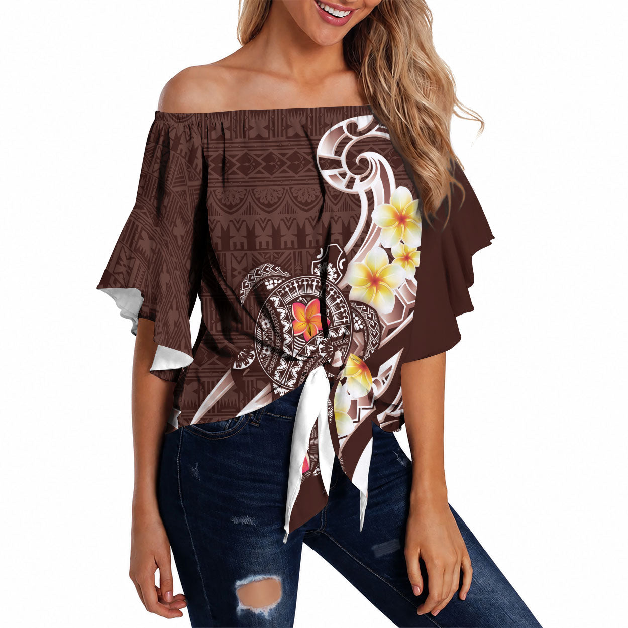 Bula Fiji Tapa Turtle Off Shoulder Wrap Waist Top Plumeria Fijian Masi Vonu Brown LT14 Brown - Polynesian Pride