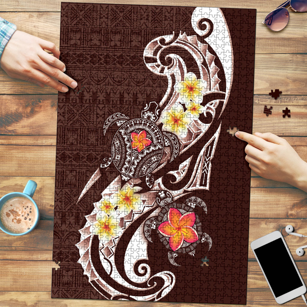 Bula Fiji Tapa Turtle Puzzle Plumeria Fijian Masi Vonu Brown LT14 Brown - Polynesian Pride