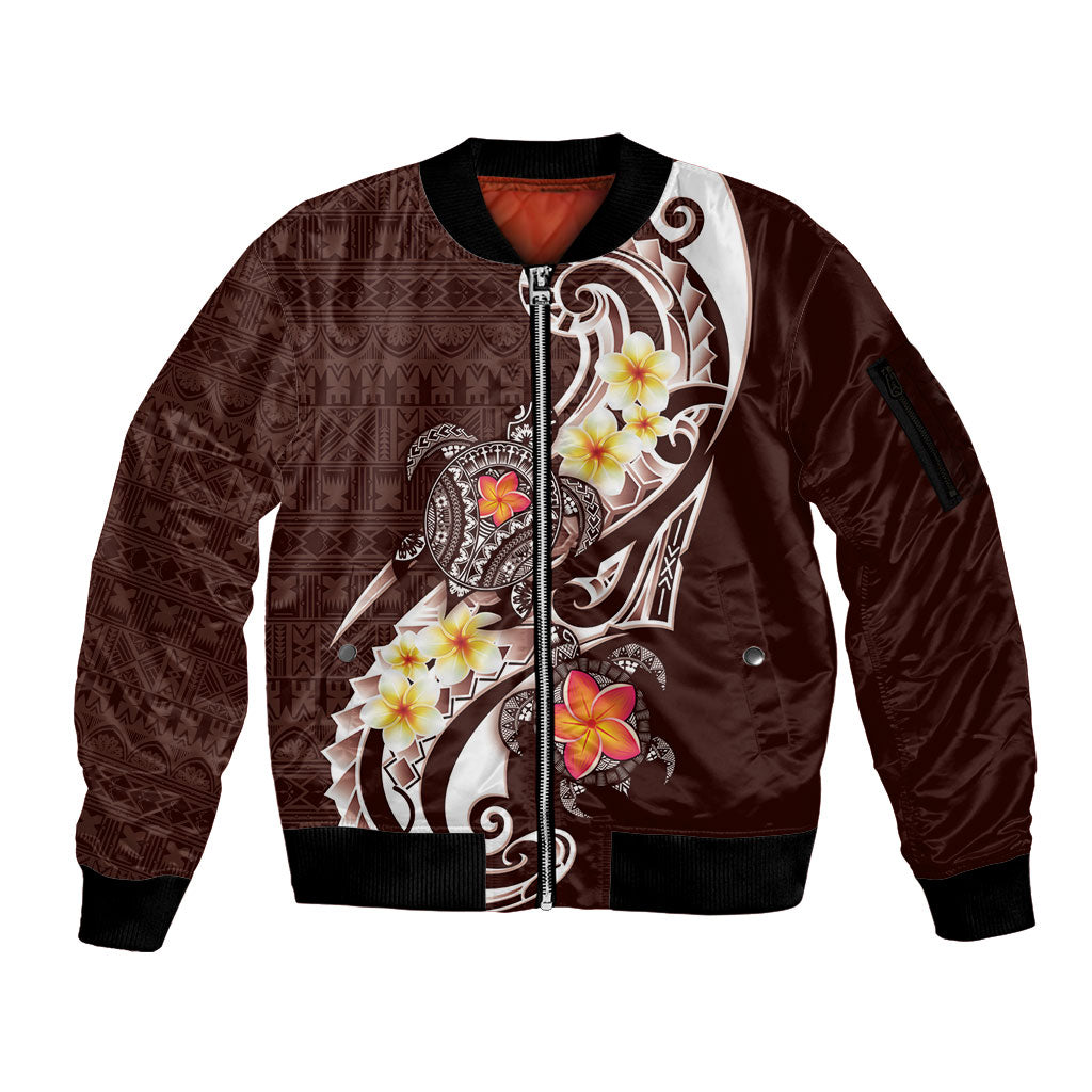 Bula Fiji Tapa Turtle Sleeve Zip Bomber Jacket Plumeria Fijian Masi Vonu Brown LT14 Unisex Brown - Polynesian Pride